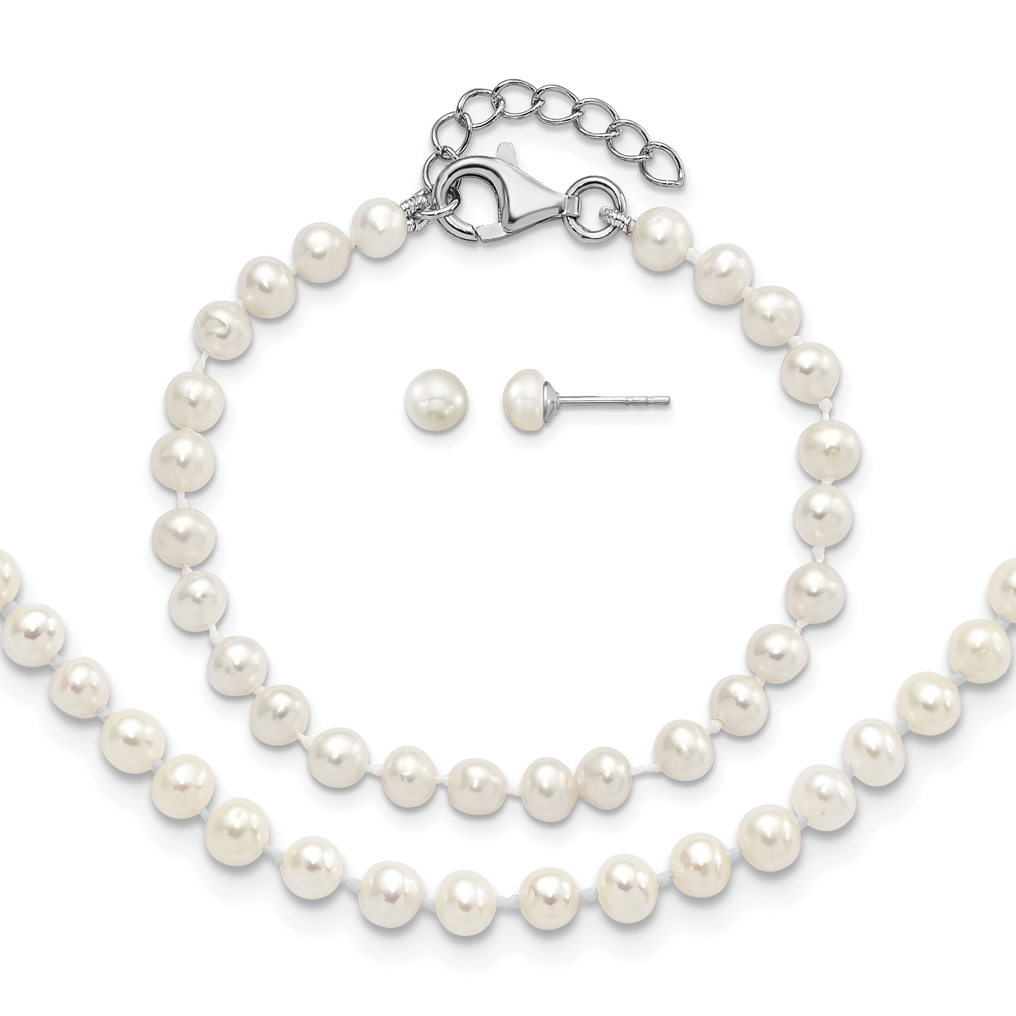Sterling Silver Rhodium-plated 4-5mm White Semi-Round Freshwater Cultured Pearl 14 inch Necklace, 5 inch Bracelet and Post Earrings Set (QH5180SET)