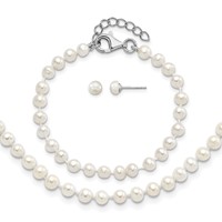 Sterling Silver Rhodium-plated 4-5mm White Semi-Round Freshwater Cultured Pearl Necklace, 5 Inch Bracelet & Post Earrings Set, 14" view 1