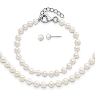 "Sterling Silver Rhodium-plated 4-5mm White Semi-Round Freshwater Cultured Pearl 14 inch Necklace, 5 inch Bracelet and Post Earrings Set"