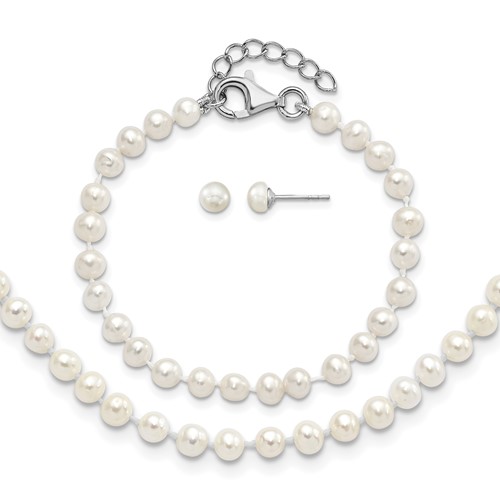 Sterling Silver Rhodium-plated 4-5mm White Semi-Round Freshwater Cultured Pearl Necklace, 5 Inch Bracelet & Post Earrings Set, 14"