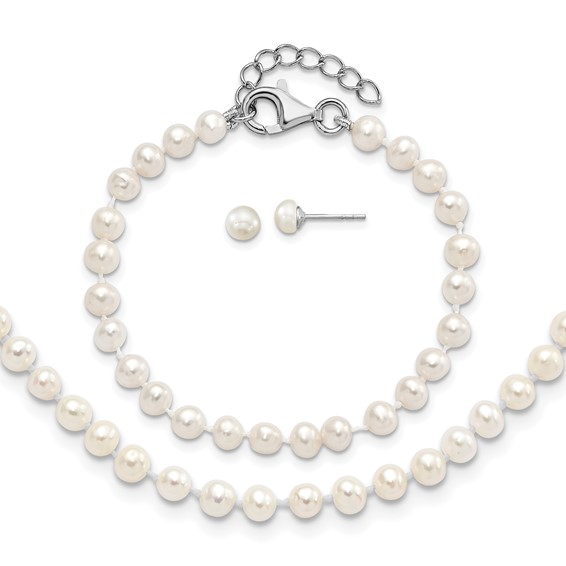 "Sterling Silver Rhodium-plated 4-5mm White Semi-Round Freshwater Cultured Pearl 14 inch Necklace, 5 inch Bracelet and Post Earrings Set"