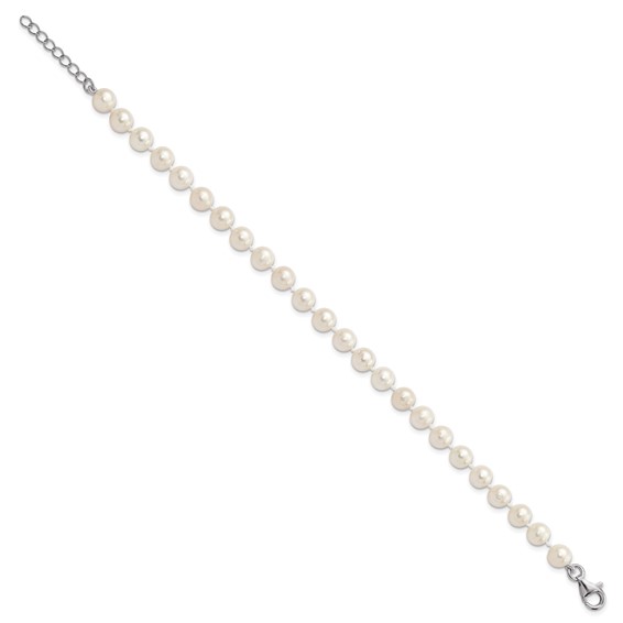 "Sterling Silver Rhodium-plated 6-7mm White Semi-Round Freshwater Cultured Pearl 18 inch with 2 inch Extension Necklace, 7 inch Bracelet and Button Post Earrings Set"