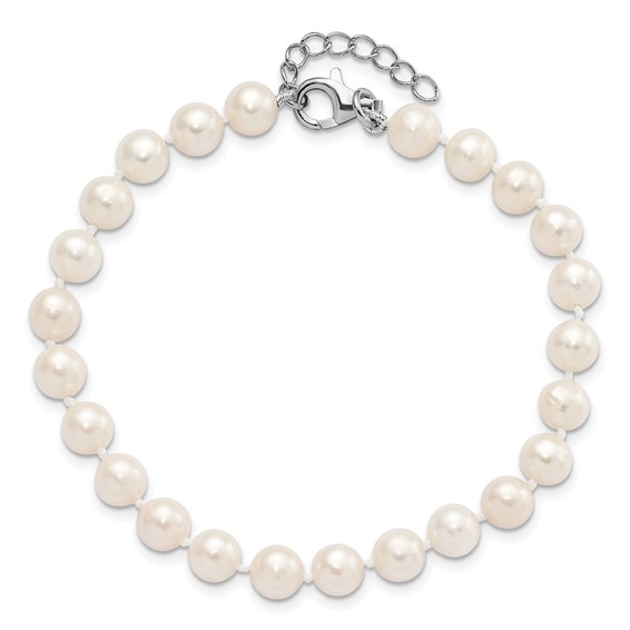 "Sterling Silver Rhodium-plated 6-7mm White Semi-Round Freshwater Cultured Pearl 18 inch with 2 inch Extension Necklace, 7 inch Bracelet and Button Post Earrings Set"