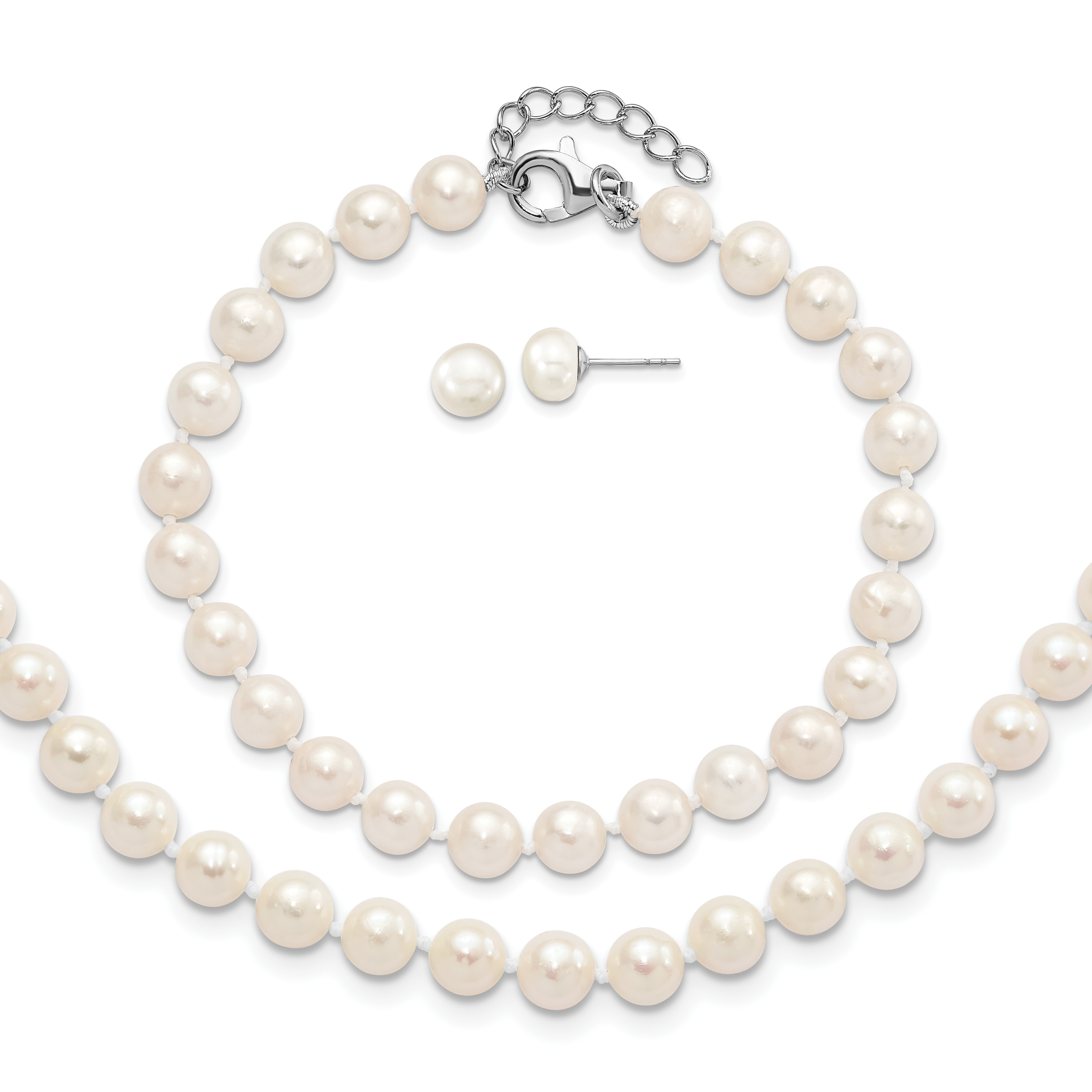 Sterling Silver Rhodium-plated 6-7mm White Semi-Round Freshwater Cultured Pearl 18 inch with 2 inch Extension Necklace, 7 inch Bracelet and Button Post Earrings Set (QH5181SET)