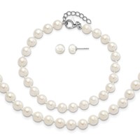 Sterling Silver RH-plated 6-7mm White Semi-Round Freshwater Cult. Pearl with 2 in Extension Necklace 7 Inch Bracelet Button Post Earrings Set, 18" view 1