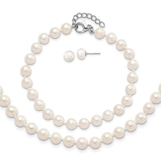 "Sterling Silver Rhodium-plated 6-7mm White Semi-Round Freshwater Cultured Pearl 18 inch with 2 inch Extension Necklace, 7 inch Bracelet and Button Post Earrings Set"