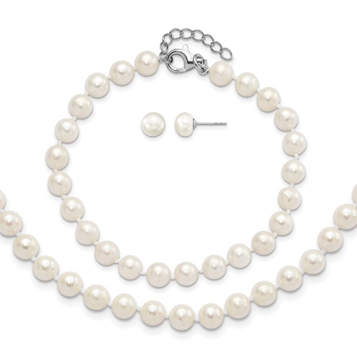 Sterling Silver RH-plated 6-7mm White Semi-Round Freshwater Cult. Pearl with 2 in Extension Necklace 7 Inch Bracelet Button Post Earrings Set, 18"
