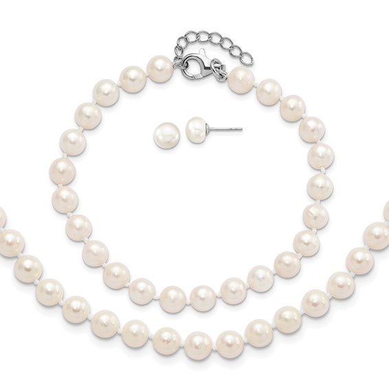 "Sterling Silver Rhodium-plated 6-7mm White Semi-Round Freshwater Cultured Pearl 18 inch with 2 inch Extension Necklace, 7 inch Bracelet and Button Post Earrings Set"