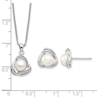 Sterling Silver Rhodium-plated 6-7mm White Button Freshwater Cultured Pearl Necklace and Post Earrings Set, 17" view 3