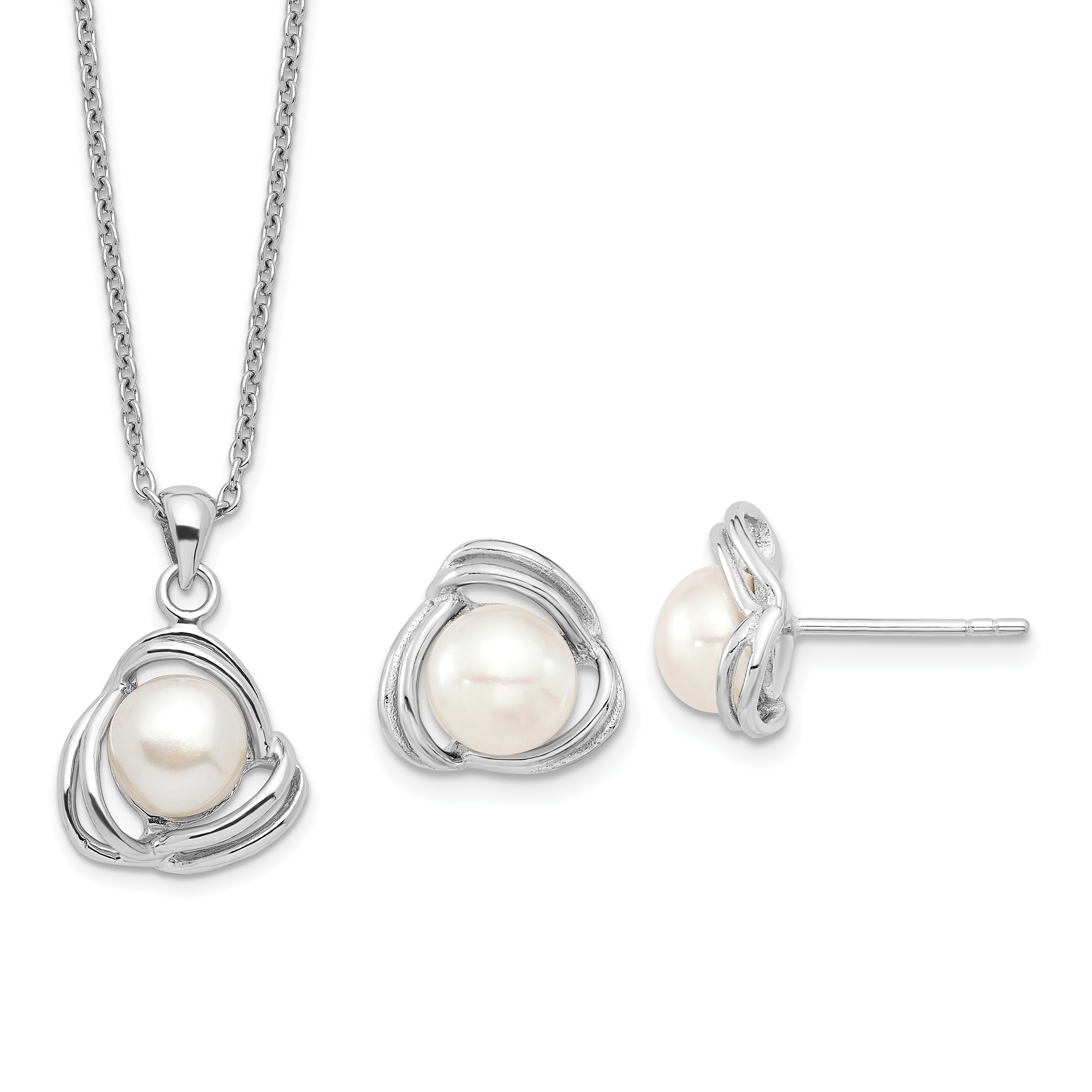 Sterling Silver Rhodium-plated 6-7mm White Button Freshwater Cultured Pearl 17 inch Necklace and Post Earrings Set (QH5185SET)