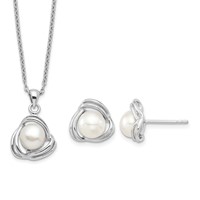 Sterling Silver Rhodium-plated 6-7mm White Button Freshwater Cultured Pearl Necklace and Post Earrings Set, 17" view 1