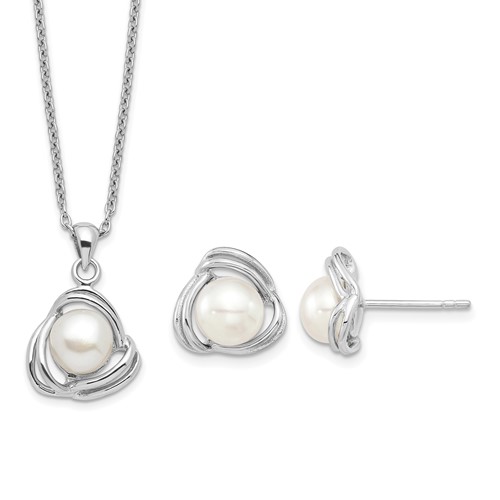 Sterling Silver Rhodium-plated 6-7mm White Button Freshwater Cultured Pearl Necklace and Post Earrings Set, 17"