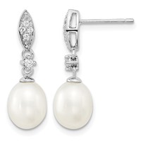 Sterling Silver Rhodium-plated 8-9mm White Teardrop Freshwater Cultured Pearl and CZ Necklace and Post Dangle Earrings Set, 17" view 2