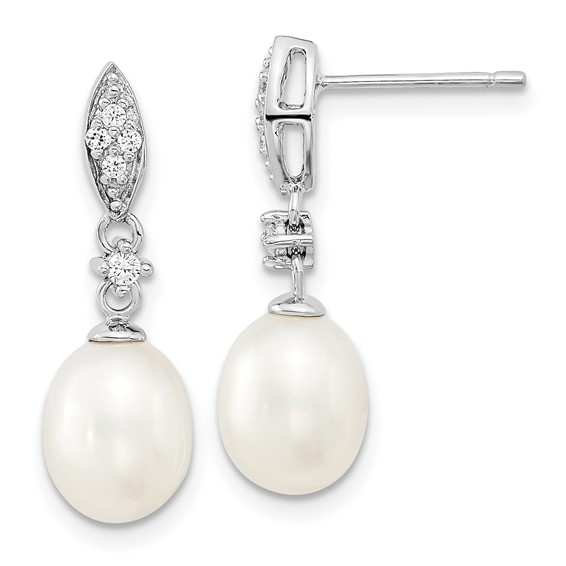 Sterling Silver Rhodium-plated 8-9mm White Teardrop Freshwater Cultured Pearl and CZ 17 inch Necklace and Post Dangle Earrings Set