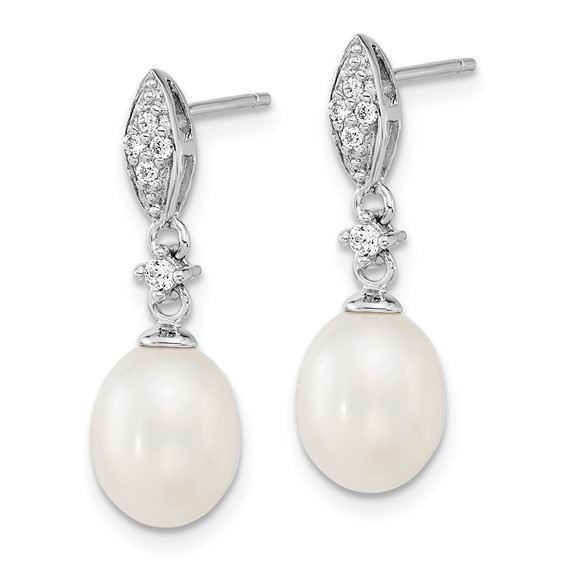 Sterling Silver Rhodium-plated 8-9mm White Teardrop Freshwater Cultured Pearl and CZ 17 inch Necklace and Post Dangle Earrings Set