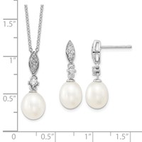 Sterling Silver Rhodium-plated 8-9mm White Teardrop Freshwater Cultured Pearl and CZ Necklace and Post Dangle Earrings Set, 17" view 3