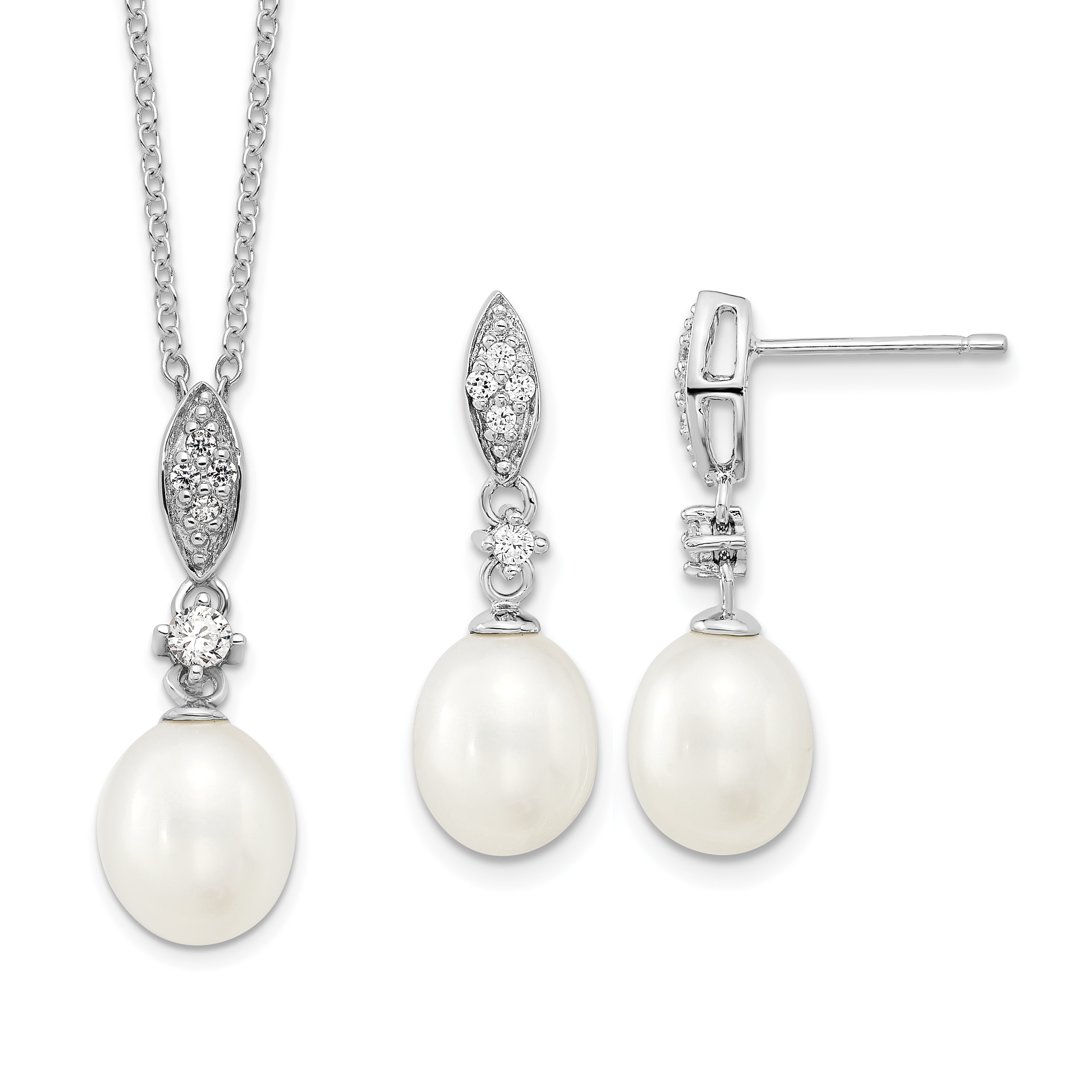 Sterling Silver Rhodium-plated 8-9mm White Teardrop Freshwater Cultured Pearl and CZ 17 inch Necklace and Post Dangle Earrings Set (QH5187SET)