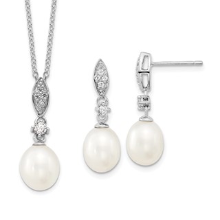 Sterling Silver Rhodium-plated 8-9mm White Teardrop Freshwater Cultured Pearl and CZ 17 inch Necklace and Post Dangle Earrings Set