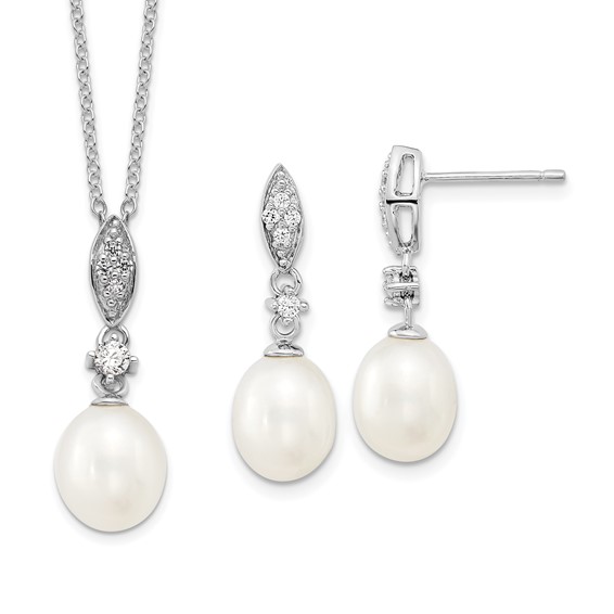 Sterling Silver Rhodium-plated 8-9mm White Teardrop Freshwater Cultured Pearl and CZ 17 inch Necklace and Post Dangle Earrings Set