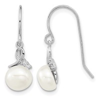 Sterling Silver Rhodium-plated 7-8mm White Semi-Round Freshwater Cultured Pearl and CZ Necklace and Dangle Earrings Set, 17" view 2