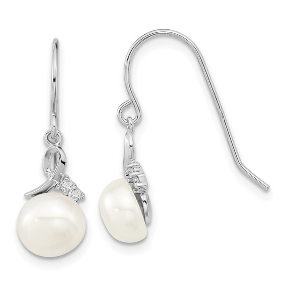 Sterling Silver Rhodium-plated 7-8mm White Semi-Round Freshwater Cultured Pearl and CZ 17 inch Necklace and Dangle Earrings Set