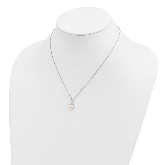 Sterling Silver Rhodium-plated 7-8mm White Semi-Round Freshwater Cultured Pearl and CZ 17 inch Necklace and Dangle Earrings Set