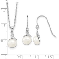 Sterling Silver Rhodium-plated 7-8mm White Semi-Round Freshwater Cultured Pearl and CZ Necklace and Dangle Earrings Set, 17" view 3