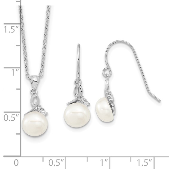 Sterling Silver Rhodium-plated 7-8mm White Semi-Round Freshwater Cultured Pearl and CZ 17 inch Necklace and Dangle Earrings Set