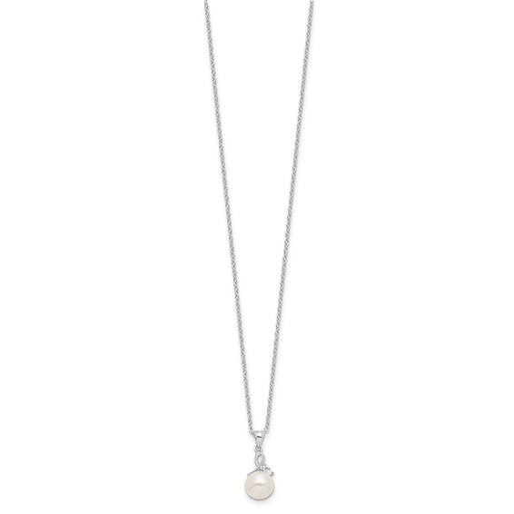 Sterling Silver Rhodium-plated 7-8mm White Semi-Round Freshwater Cultured Pearl and CZ 17 inch Necklace and Dangle Earrings Set