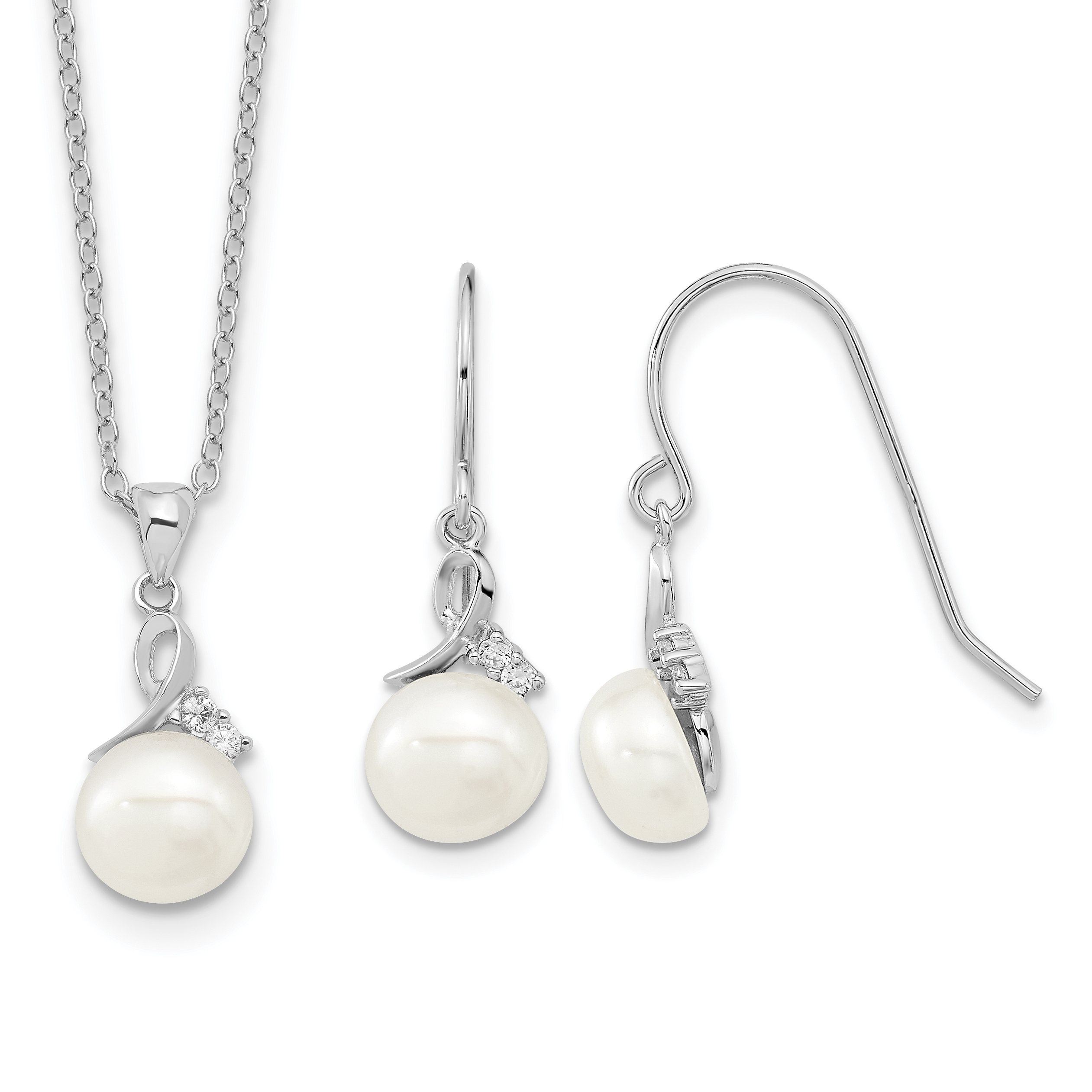 Sterling Silver Rhodium-plated 7-8mm White Semi-Round Freshwater Cultured Pearl and CZ 17 inch Necklace and Dangle Earrings Set (QH5188SET)