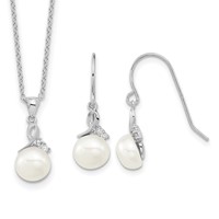 Sterling Silver Rhodium-plated 7-8mm White Semi-Round Freshwater Cultured Pearl and CZ Necklace and Dangle Earrings Set, 17" view 1