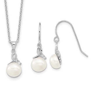 Sterling Silver Rhodium-plated 7-8mm White Semi-Round Freshwater Cultured Pearl and CZ 17 inch Necklace and Dangle Earrings Set