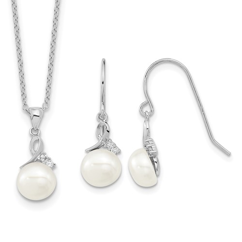 Sterling Silver Rhodium-plated 7-8mm White Semi-Round Freshwater Cultured Pearl and CZ Necklace and Dangle Earrings Set, 17"