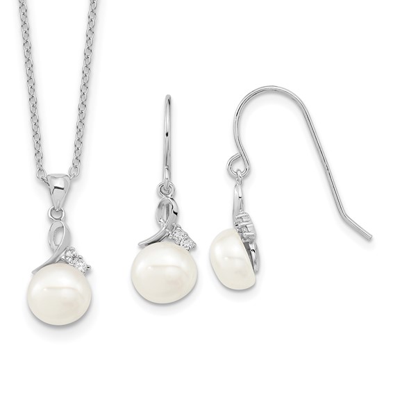 Sterling Silver Rhodium-plated 7-8mm White Semi-Round Freshwater Cultured Pearl and CZ 17 inch Necklace and Dangle Earrings Set