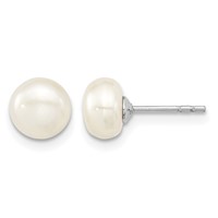 Sterling Silver Rhodium-plated 7-8mm White Teardrop Freshwater Cultured Pearl Necklace Button Post Earrings Set, 17" view 2