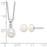 Sterling Silver Rhodium-plated 7-8mm White Teardrop Freshwater Cultured Pearl Necklace Button Post Earrings Set, 17" view 3