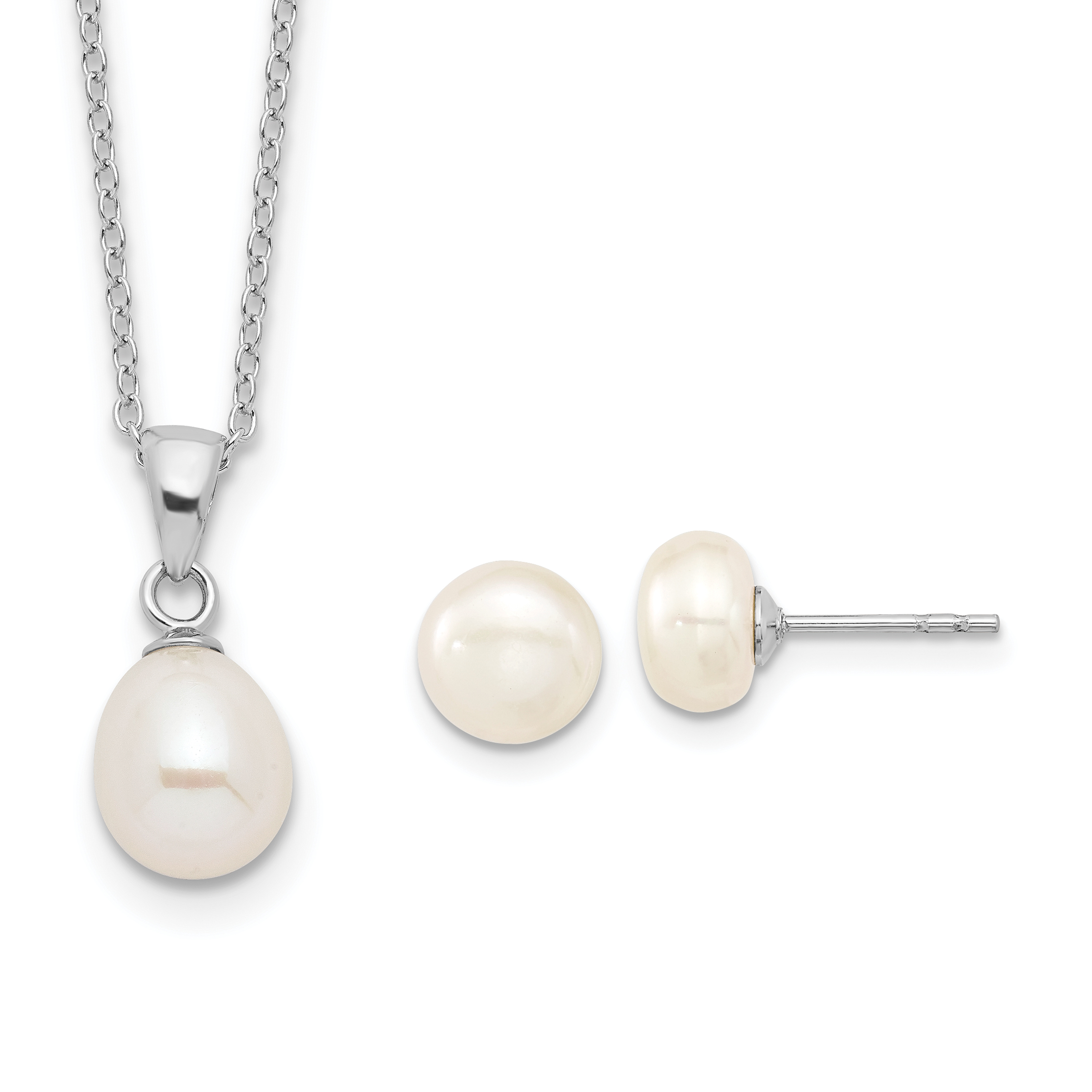 Sterling Silver Rhodium-plated 7-8mm White Teardrop Freshwater Cultured Pearl 17 inch Necklace Button Post Earrings Set (QH5191SET)