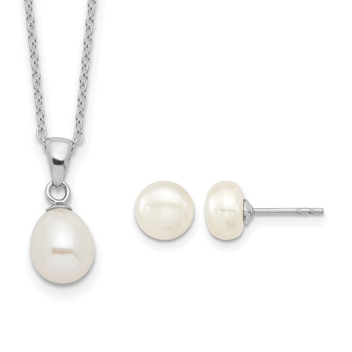 Sterling Silver Rhodium-plated 7-8mm White Teardrop Freshwater Cultured Pearl Necklace Button Post Earrings Set, 17"