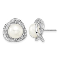 Sterling Silver Rhodium-plated 10-12mm White Button Freshwater Cultured Pearl and CZ Necklace and Post Earrings Set, 17" view 2