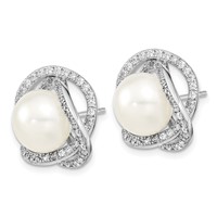 Sterling Silver Rhodium-plated 10-12mm White Button Freshwater Cultured Pearl and CZ Necklace and Post Earrings Set, 17" view 4