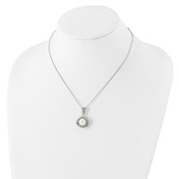 Sterling Silver Rhodium-plated 10-12mm White Button Freshwater Cultured Pearl and CZ Necklace and Post Earrings Set, 17" view 5