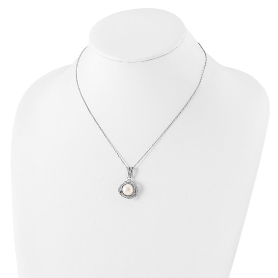 Sterling Silver Rhodium-plated 10-12mm White Button Freshwater Cultured Pearl and CZ 17 inch Necklace and Post Earrings Set