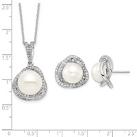 Sterling Silver Rhodium-plated 10-12mm White Button Freshwater Cultured Pearl and CZ Necklace and Post Earrings Set, 17" view 3
