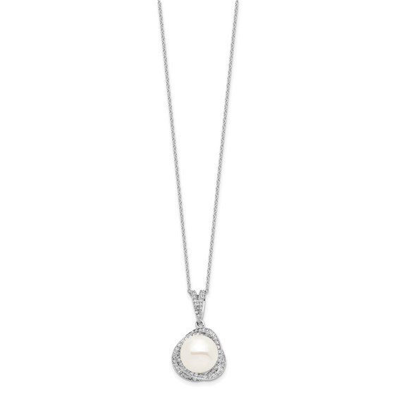 Sterling Silver Rhodium-plated 10-12mm White Button Freshwater Cultured Pearl and CZ 17 inch Necklace and Post Earrings Set