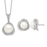 Sterling Silver Rhodium-plated 10-12mm White Button Freshwater Cultured Pearl and CZ Necklace and Post Earrings Set, 17" view 1