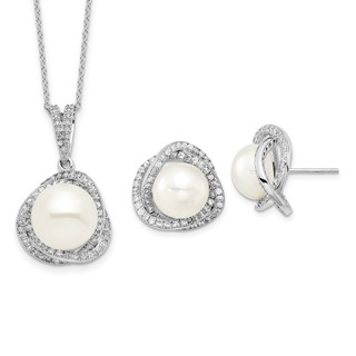 Sterling Silver Rhodium-plated 10-12mm White Button Freshwater Cultured Pearl and CZ 17 inch Necklace and Post Earrings Set
