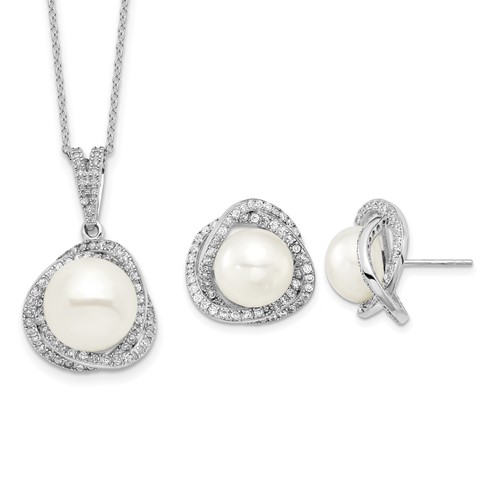 Sterling Silver Rhodium-plated 10-12mm White Button Freshwater Cultured Pearl and CZ Necklace and Post Earrings Set, 17"