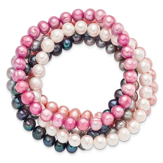 "6-7mm White, Grey, Black, Pink and Purple Semi-Round Freshwater Cultured Pearl 5-piece Stretch Bracelet Set "
