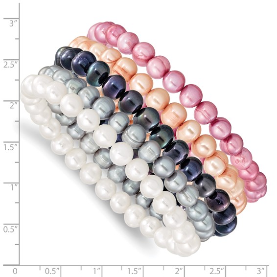 "6-7mm White, Grey, Black, Pink and Purple Semi-Round Freshwater Cultured Pearl 5-piece Stretch Bracelet Set "