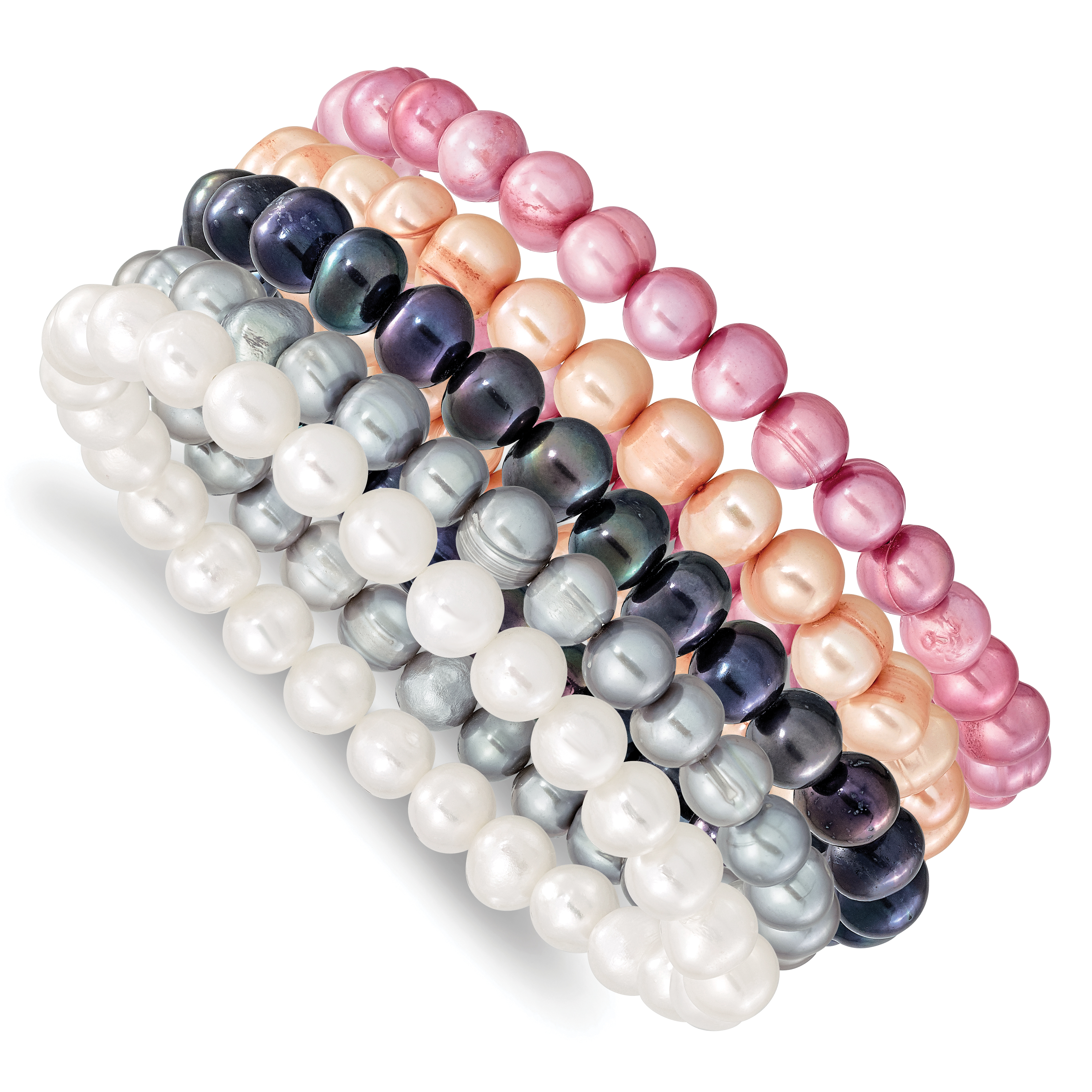 6-7mm White, Grey, Black, Pink and Purple Semi-Round Freshwater Cultured Pearl 5-piece Stretch Bracelet Set (QH5195SET)